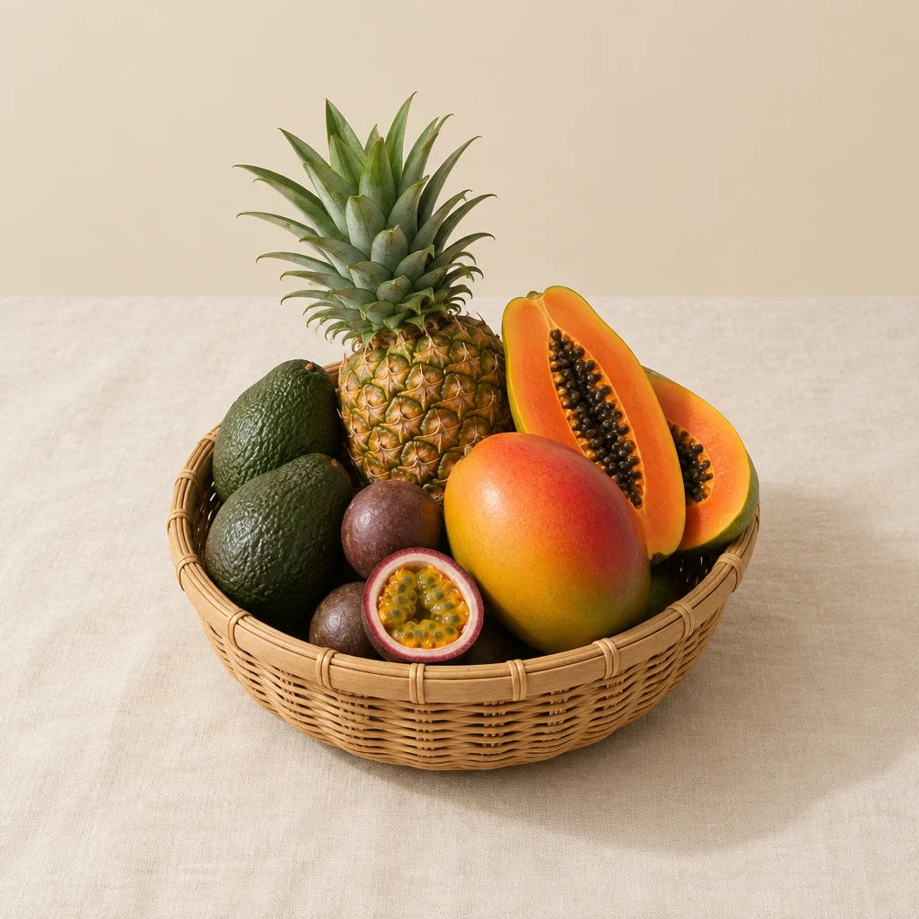 Tropik meyveler sepeti: avokado, ananas, mango, papaya ve çarkıfelek